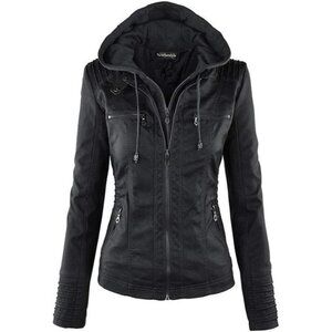 Women's Black Faux Leather with Hooded Zipper Casual Look Moto Jacket